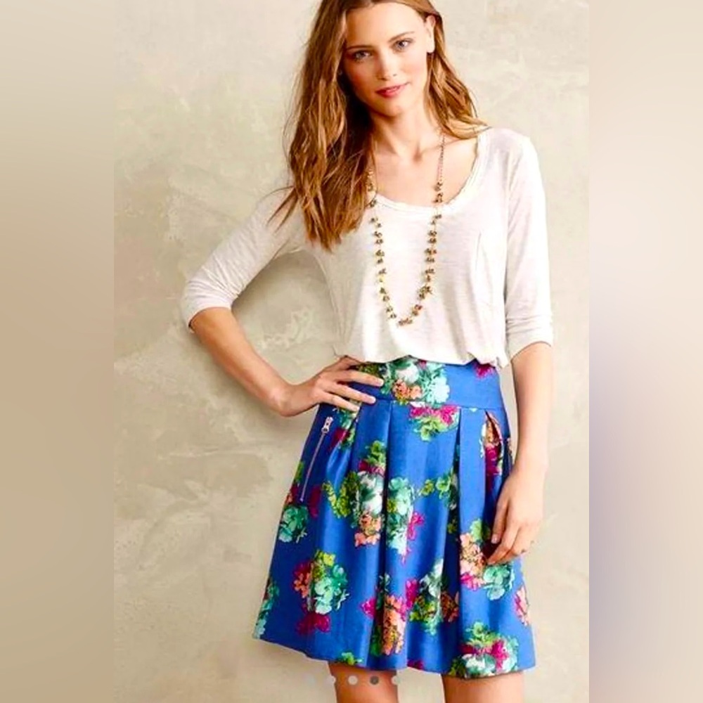 Floral Pleated Mini Skirt Blue Multicolor Zip Pocket A-Line Anthropologie